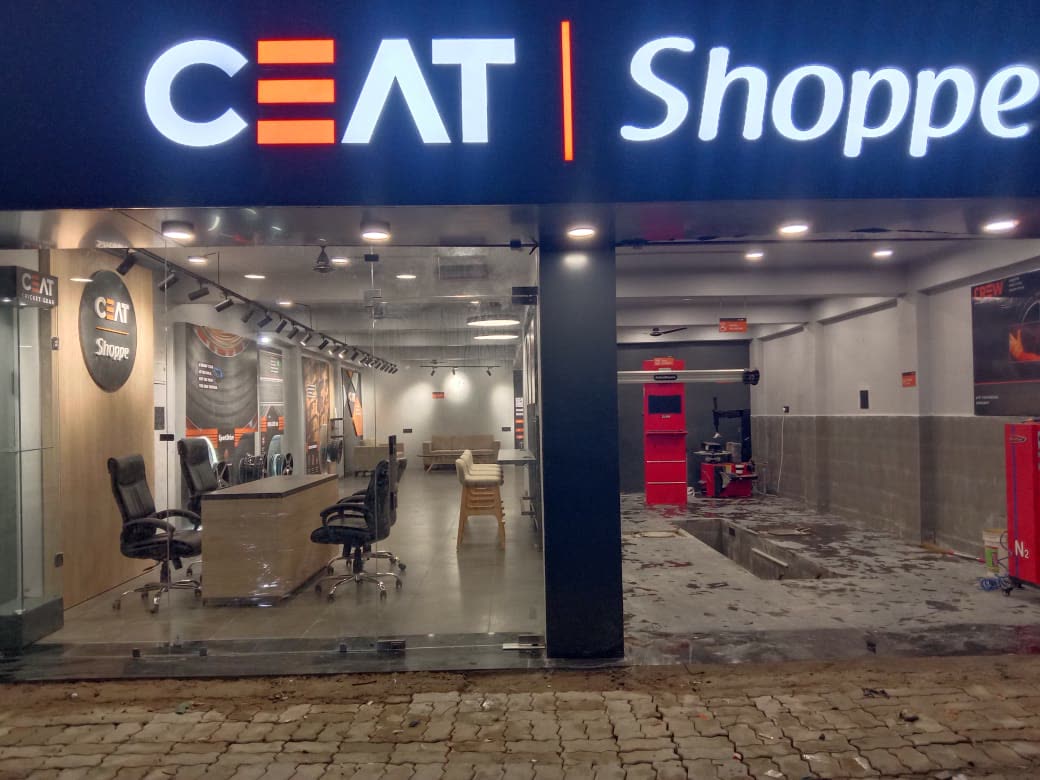 The shop lit up at night